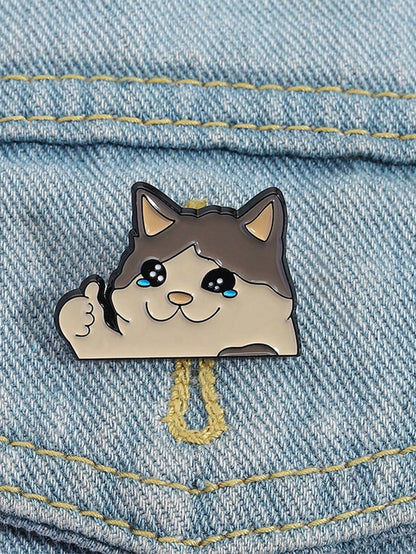 1PC Happy Crying Thumbs-Up Cat Enamel Pin, Cute Animal Badges
