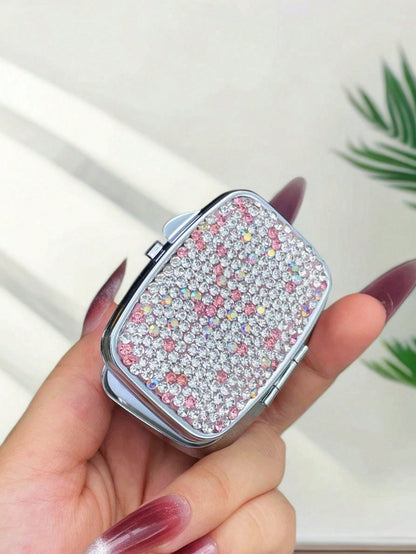 1pc Highly Attractive Shiny Artificial Rhinestone Decorated Pill Storage Box With Mirror, Portable Home Pill Organizer, Sealed Moisture-Proof Storage Box For Vitamins, Fish Oil, Creative Gift
