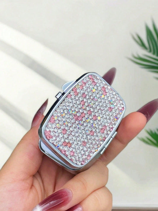 1pc Highly Attractive Shiny Artificial Rhinestone Decorated Pill Storage Box With Mirror, Portable Home Pill Organizer, Sealed Moisture-Proof Storage Box For Vitamins, Fish Oil, Creative Gift