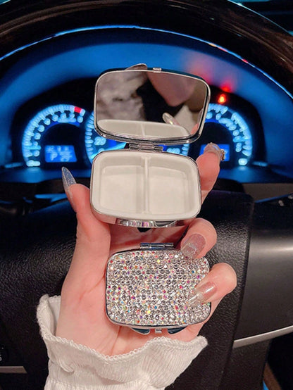 1pc Highly Attractive Shiny Artificial Rhinestone Decorated Pill Storage Box With Mirror, Portable Home Pill Organizer, Sealed Moisture-Proof Storage Box For Vitamins, Fish Oil, Creative Gift