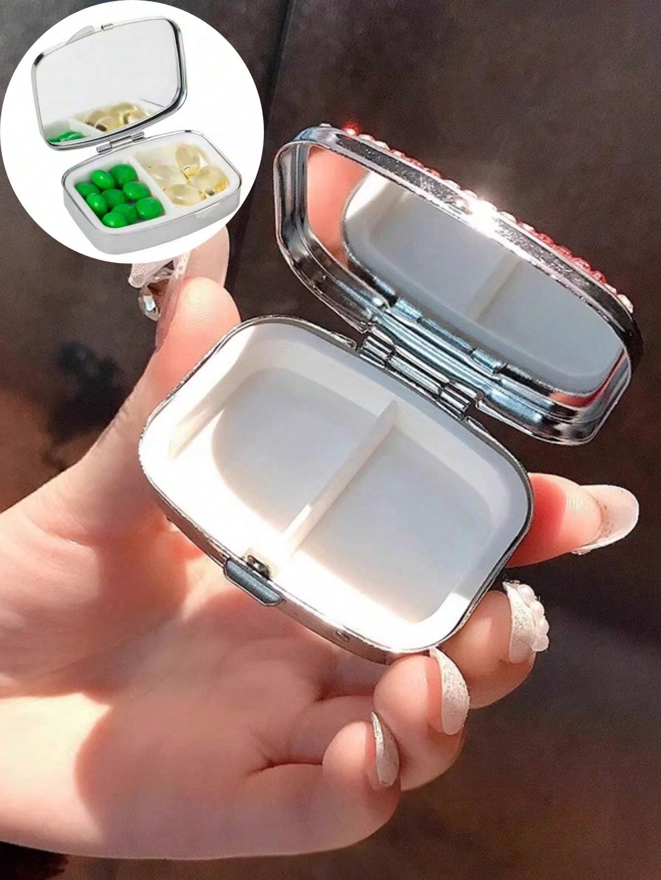 1pc Highly Attractive Shiny Artificial Rhinestone Decorated Pill Storage Box With Mirror, Portable Home Pill Organizer, Sealed Moisture-Proof Storage Box For Vitamins, Fish Oil, Creative Gift