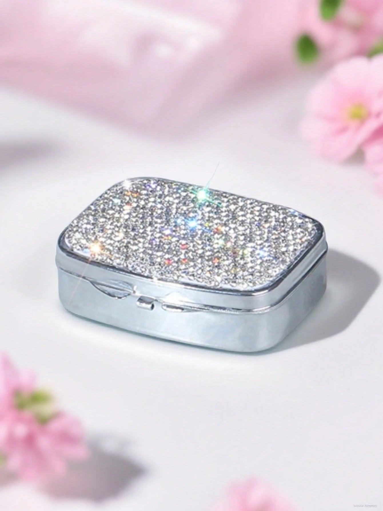 1pc Highly Attractive Shiny Artificial Rhinestone Decorated Pill Storage Box With Mirror, Portable Home Pill Organizer, Sealed Moisture-Proof Storage Box For Vitamins, Fish Oil, Creative Gift