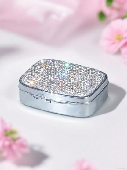 1pc Highly Attractive Shiny Artificial Rhinestone Decorated Pill Storage Box With Mirror, Portable Home Pill Organizer, Sealed Moisture-Proof Storage Box For Vitamins, Fish Oil, Creative Gift