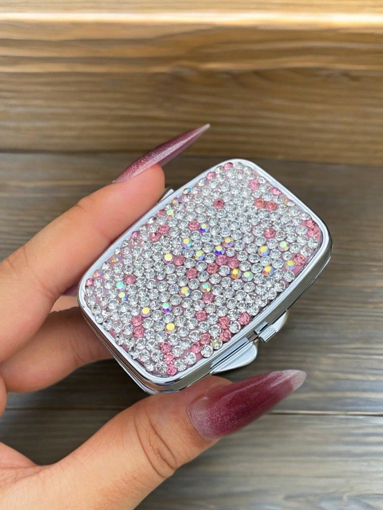 1pc Highly Attractive Shiny Artificial Rhinestone Decorated Pill Storage Box With Mirror, Portable Home Pill Organizer, Sealed Moisture-Proof Storage Box For Vitamins, Fish Oil, Creative Gift