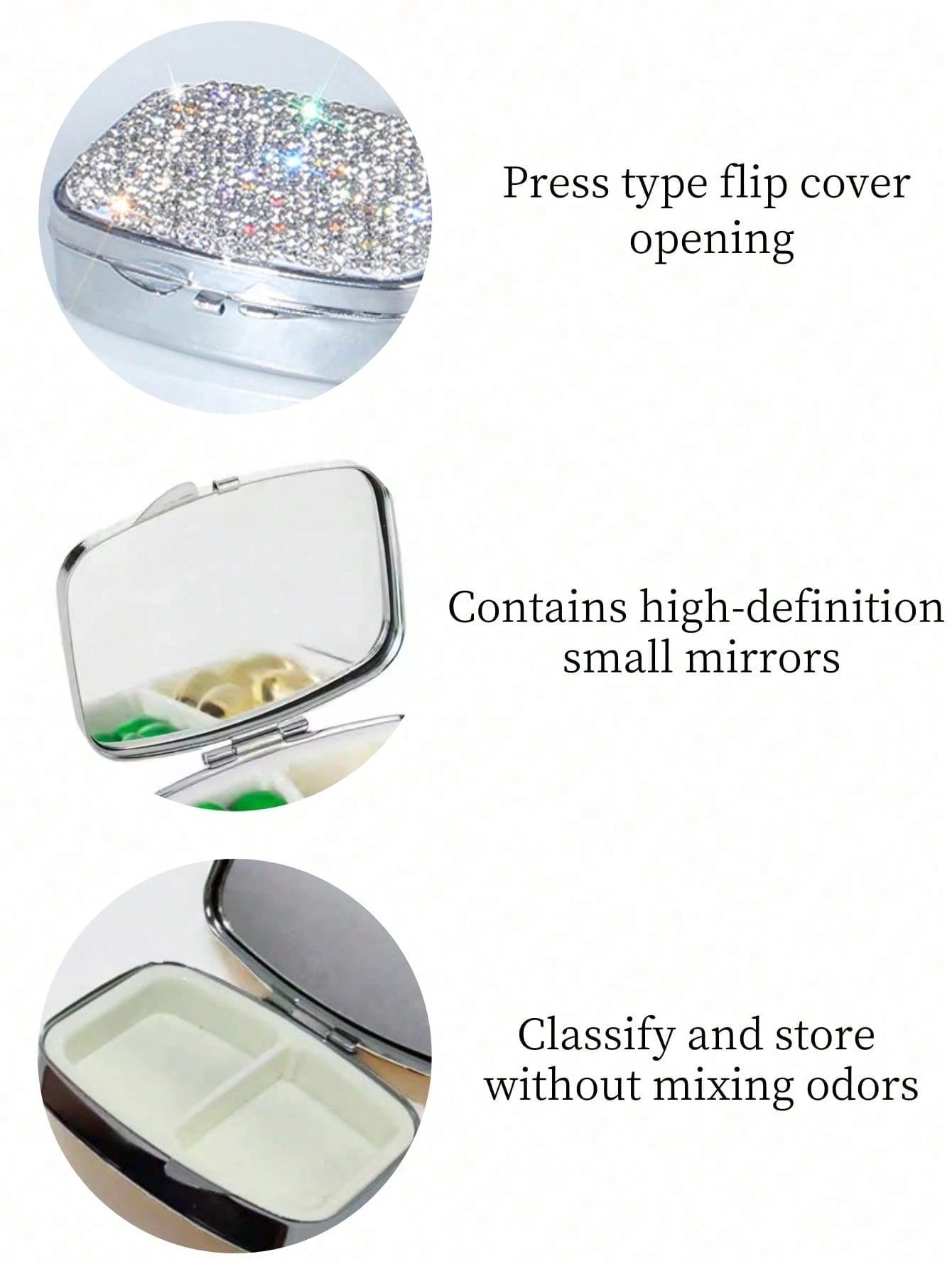 1pc Highly Attractive Shiny Artificial Rhinestone Decorated Pill Storage Box With Mirror, Portable Home Pill Organizer, Sealed Moisture-Proof Storage Box For Vitamins, Fish Oil, Creative Gift