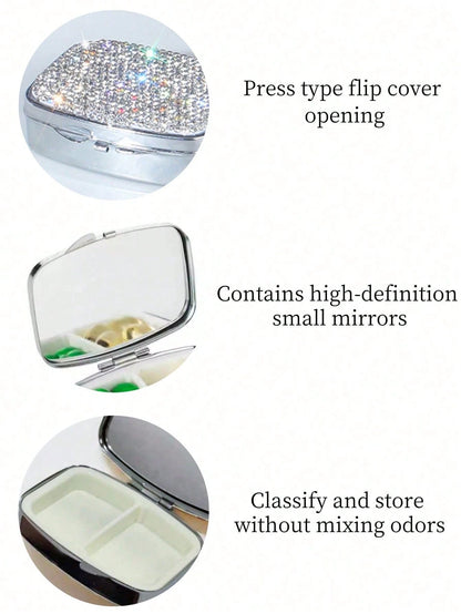 1pc Highly Attractive Shiny Artificial Rhinestone Decorated Pill Storage Box With Mirror, Portable Home Pill Organizer, Sealed Moisture-Proof Storage Box For Vitamins, Fish Oil, Creative Gift
