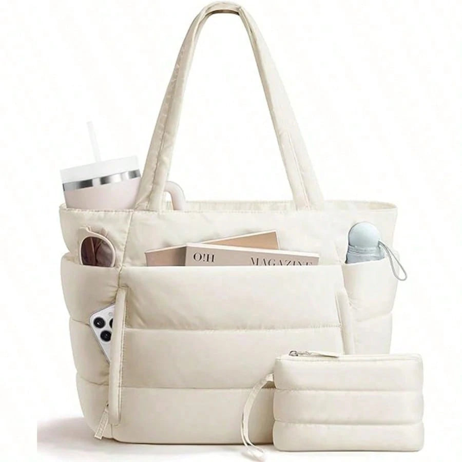 1pc Large Quilted Tote Bag For Women, Spacious Dual Handle Shoulder Bag, Versatile Work Office Commute Laptop Carry, Casual Fashion Daily Travel