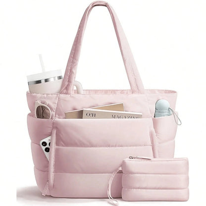 1pc Large Quilted Tote Bag For Women, Spacious Dual Handle Shoulder Bag, Versatile Work Office Commute Laptop Carry, Casual Fashion Daily Travel