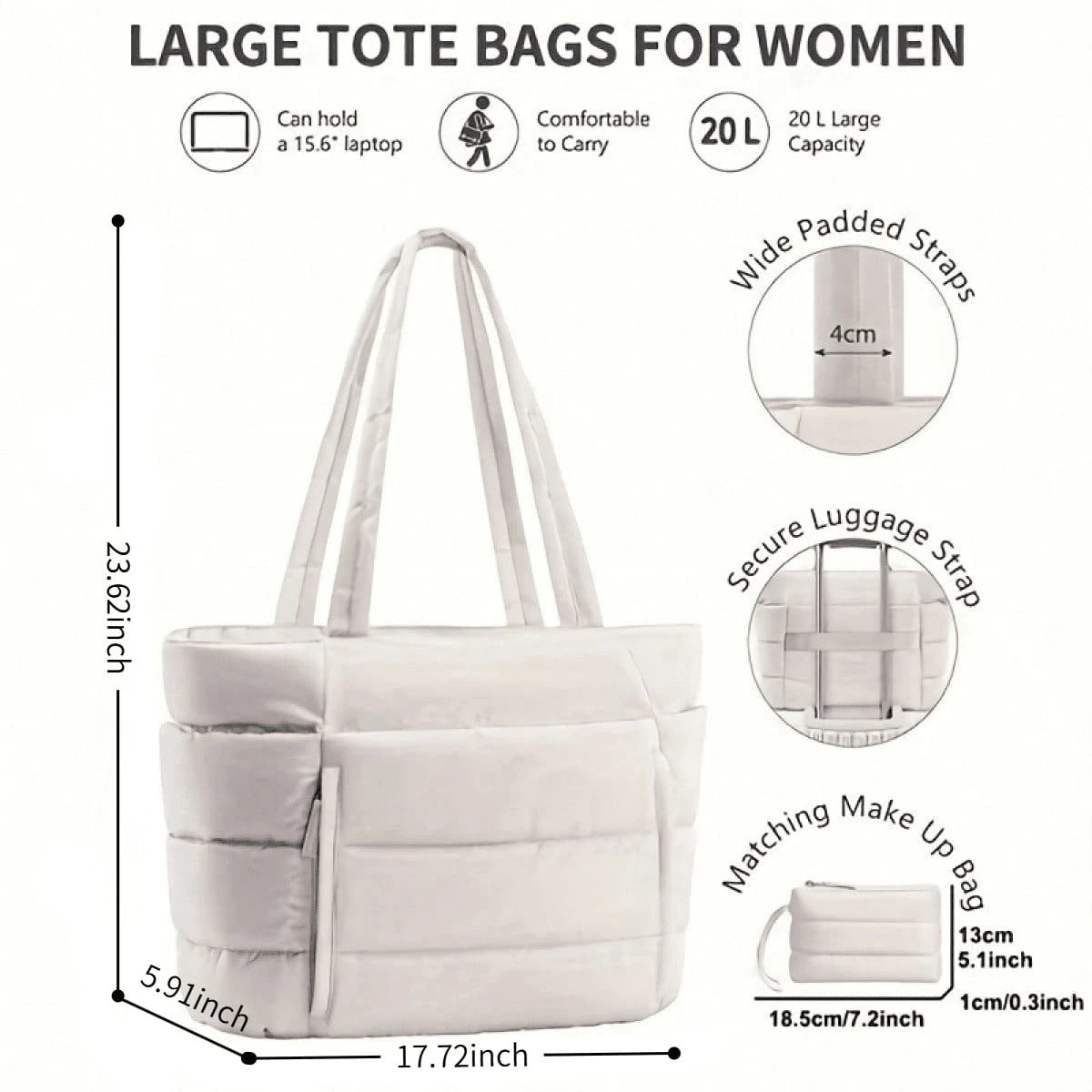 1pc Large Quilted Tote Bag For Women, Spacious Dual Handle Shoulder Bag, Versatile Work Office Commute Laptop Carry, Casual Fashion Daily Travel