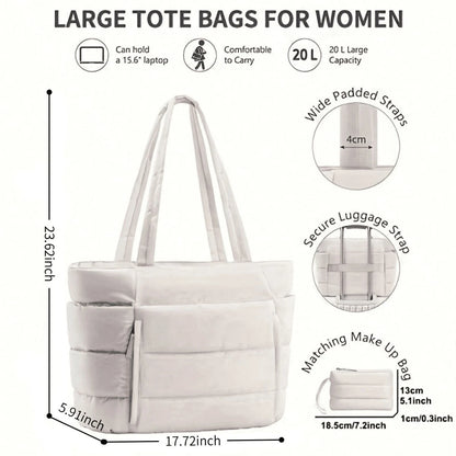 1pc Large Quilted Tote Bag For Women, Spacious Dual Handle Shoulder Bag, Versatile Work Office Commute Laptop Carry, Casual Fashion Daily Travel