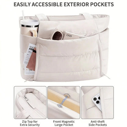 1pc Large Quilted Tote Bag For Women, Spacious Dual Handle Shoulder Bag, Versatile Work Office Commute Laptop Carry, Casual Fashion Daily Travel