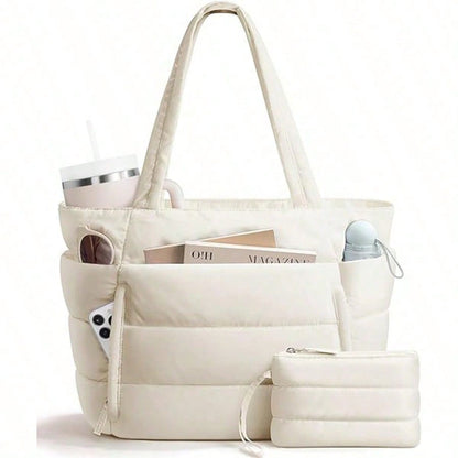 1pc Large Quilted Tote Bag For Women, Spacious Dual Handle Shoulder Bag, Versatile Work Office Commute Laptop Carry, Casual Fashion Daily Travel