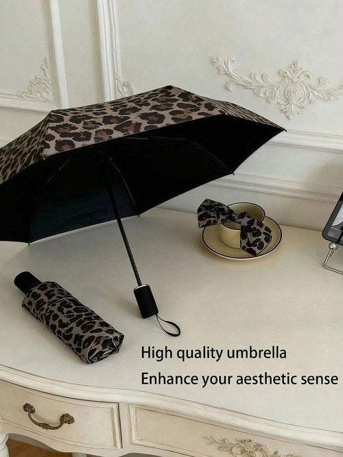 1pc Leopard Print Parasol, Fully Automatic Retro Umbrella, Sun & Rain Use, Uv Protection,Easy To Carry,New High-Quality Umbrella,Outdoor Sun Umbrella, Ideal For Commuting And Vacation Use; A Popular I