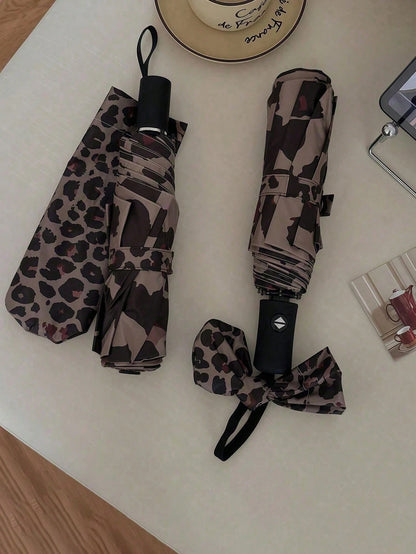 1pc Leopard Print Parasol, Fully Automatic Retro Umbrella, Sun & Rain Use, Uv Protection,Easy To Carry,New High-Quality Umbrella,Outdoor Sun Umbrella, Ideal For Commuting And Vacation Use; A Popular I