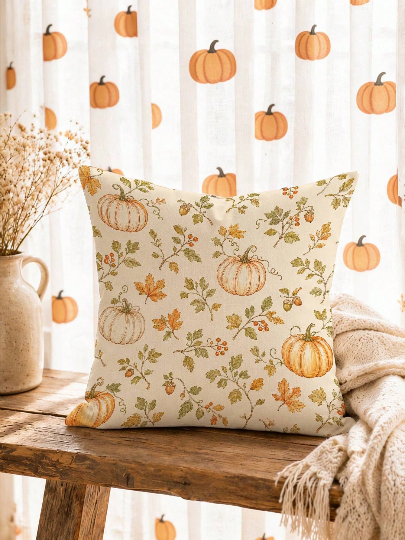 1pc Minimalist Autumn Pumpkin & Leaf Cushion Cover, Single-Sided Printed Peach Skin Velvet Polyester Material, 45*45CM/18*18inch Pillowcase Suitable For Room Decor, Modern Minimalist Sofa Living Room