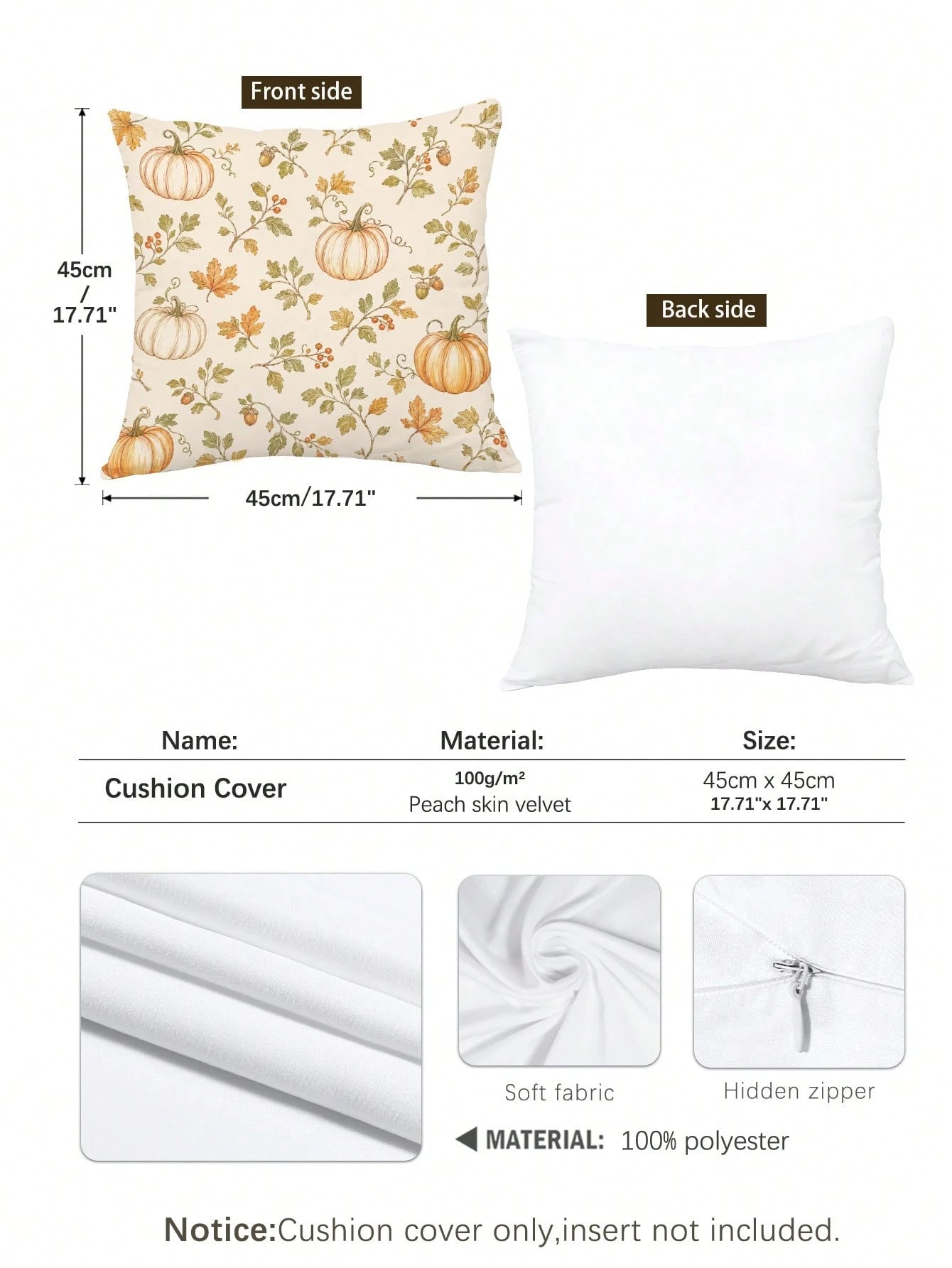 1pc Minimalist Autumn Pumpkin & Leaf Cushion Cover, Single-Sided Printed Peach Skin Velvet Polyester Material, 45*45CM/18*18inch Pillowcase Suitable For Room Decor, Modern Minimalist Sofa Living Room