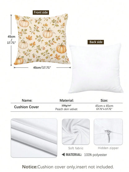 1pc Minimalist Autumn Pumpkin & Leaf Cushion Cover, Single-Sided Printed Peach Skin Velvet Polyester Material, 45*45CM/18*18inch Pillowcase Suitable For Room Decor, Modern Minimalist Sofa Living Room