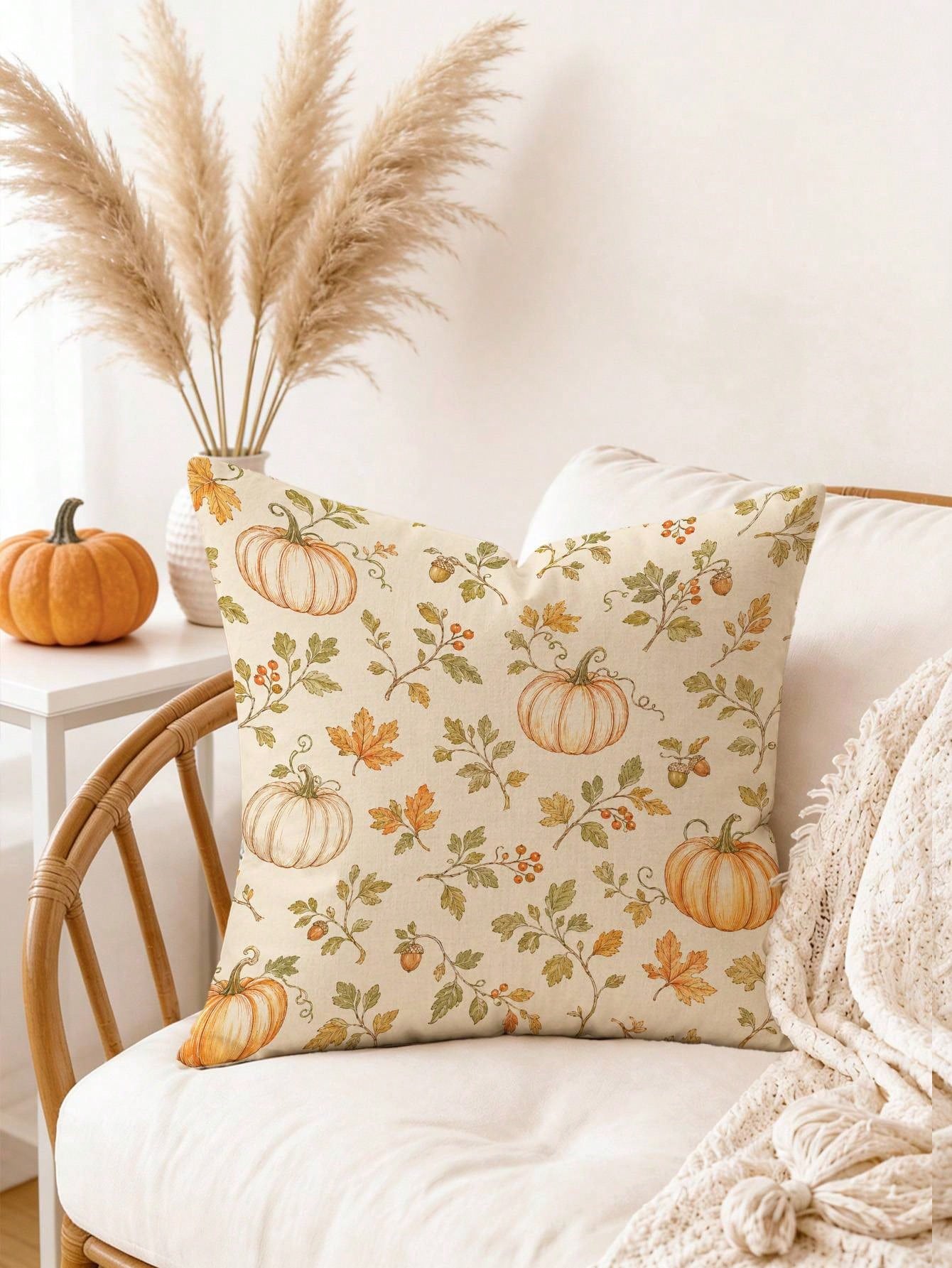1pc Minimalist Autumn Pumpkin & Leaf Cushion Cover, Single-Sided Printed Peach Skin Velvet Polyester Material, 45*45CM/18*18inch Pillowcase Suitable For Room Decor, Modern Minimalist Sofa Living Room