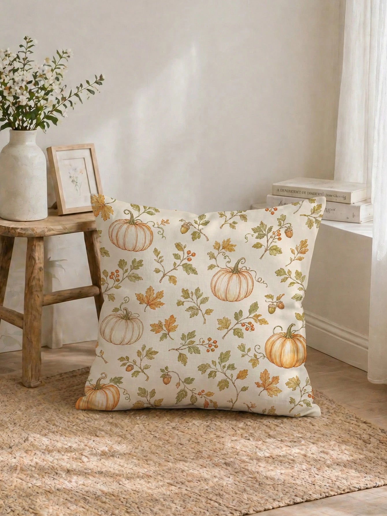 1pc Minimalist Autumn Pumpkin & Leaf Cushion Cover, Single-Sided Printed Peach Skin Velvet Polyester Material, 45*45CM/18*18inch Pillowcase Suitable For Room Decor, Modern Minimalist Sofa Living Room