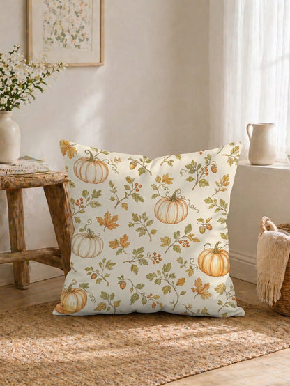 1pc Minimalist Autumn Pumpkin & Leaf Cushion Cover, Single-Sided Printed Peach Skin Velvet Polyester Material, 45*45CM/18*18inch Pillowcase Suitable For Room Decor, Modern Minimalist Sofa Living Room