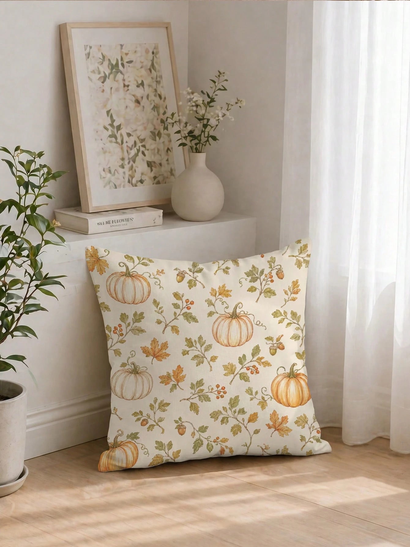 1pc Minimalist Autumn Pumpkin & Leaf Cushion Cover, Single-Sided Printed Peach Skin Velvet Polyester Material, 45*45CM/18*18inch Pillowcase Suitable For Room Decor, Modern Minimalist Sofa Living Room