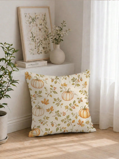 1pc Minimalist Autumn Pumpkin & Leaf Cushion Cover, Single-Sided Printed Peach Skin Velvet Polyester Material, 45*45CM/18*18inch Pillowcase Suitable For Room Decor, Modern Minimalist Sofa Living Room