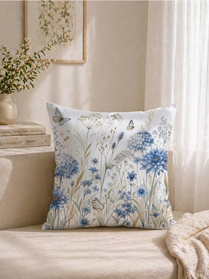 1pc Minimalist Daily Blue Plant Butterfly Hydrangea Cushion Cover, Single-Sided Printed Peach Skin Velvet Polyester Material, 45*45CM/18*18inch Pillowcase Suitable For Room Decoration, Modern Minimali