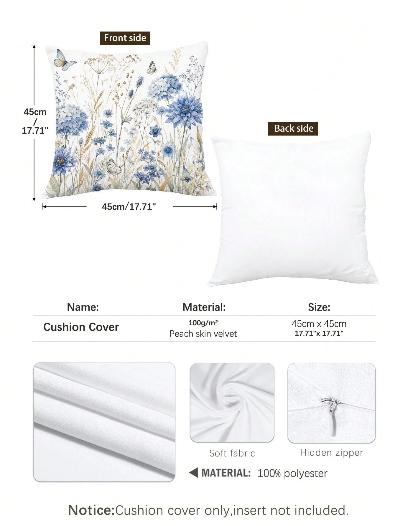 1pc Minimalist Daily Blue Plant Butterfly Hydrangea Cushion Cover, Single-Sided Printed Peach Skin Velvet Polyester Material, 45*45CM/18*18inch Pillowcase Suitable For Room Decoration, Modern Minimali