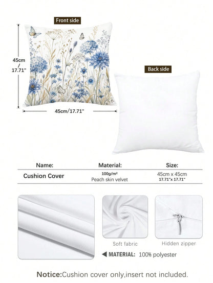1pc Minimalist Daily Blue Plant Butterfly Hydrangea Cushion Cover, Single-Sided Printed Peach Skin Velvet Polyester Material, 45*45CM/18*18inch Pillowcase Suitable For Room Decoration, Modern Minimali