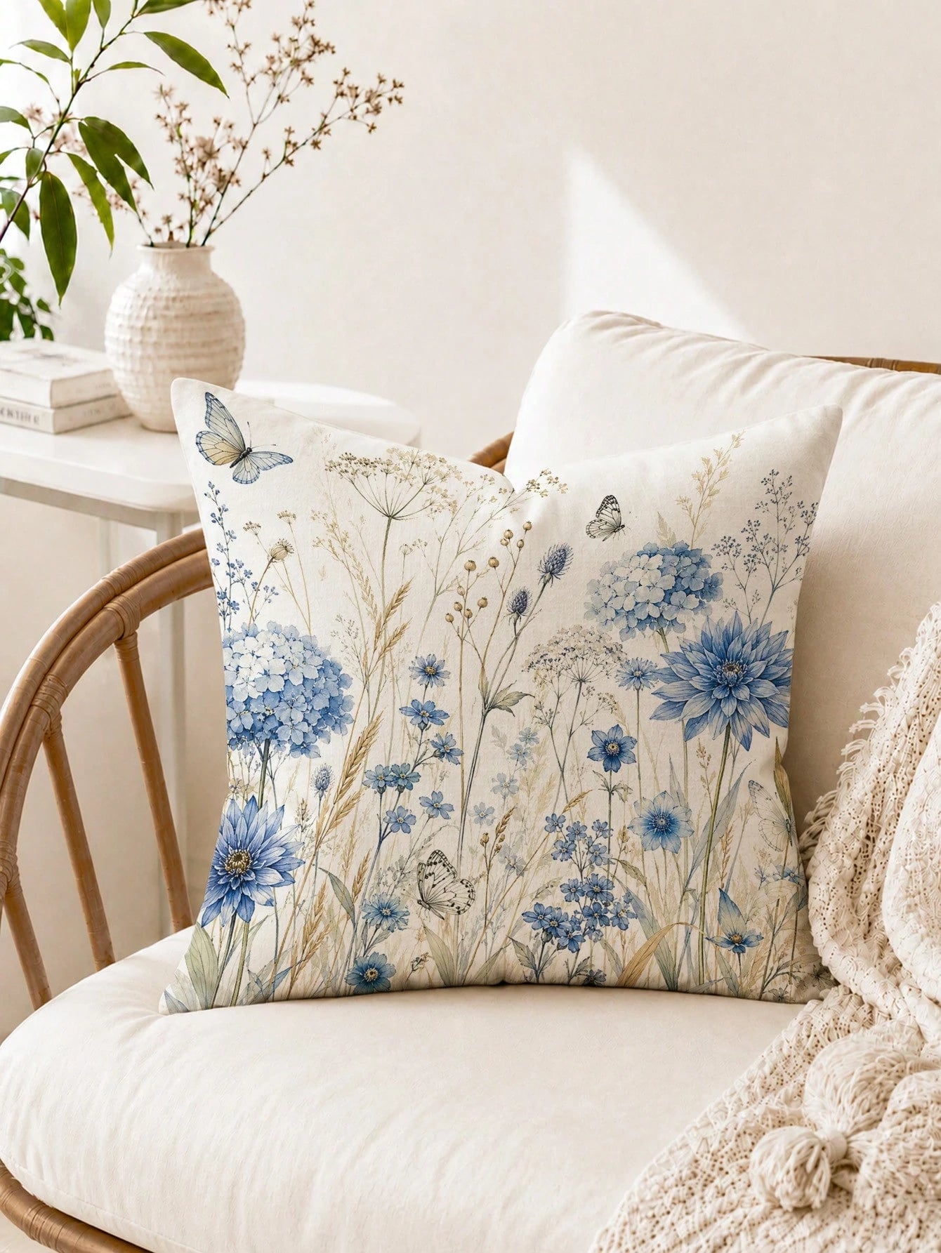 1pc Minimalist Daily Blue Plant Butterfly Hydrangea Cushion Cover, Single-Sided Printed Peach Skin Velvet Polyester Material, 45*45CM/18*18inch Pillowcase Suitable For Room Decoration, Modern Minimali