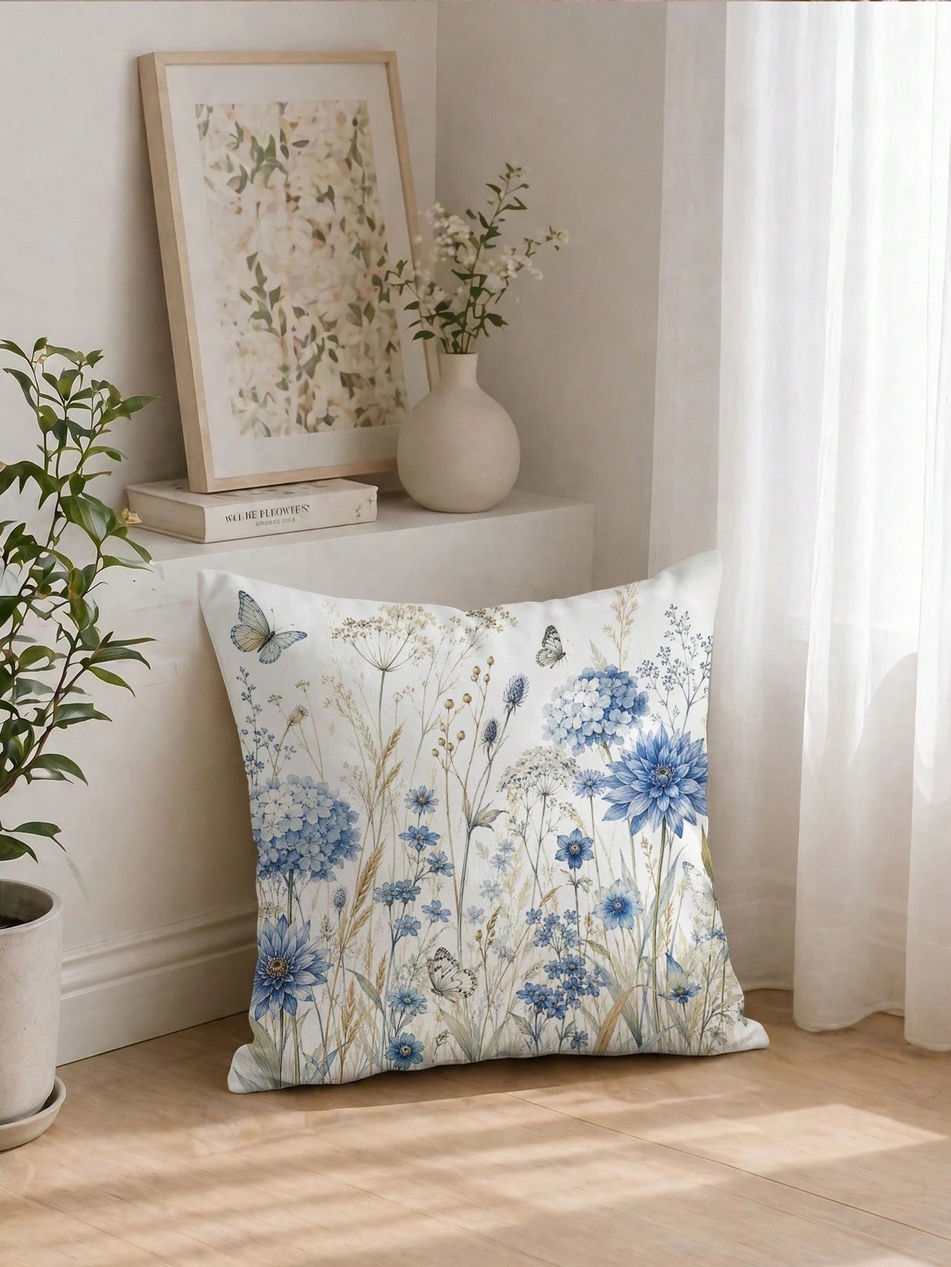 1pc Minimalist Daily Blue Plant Butterfly Hydrangea Cushion Cover, Single-Sided Printed Peach Skin Velvet Polyester Material, 45*45CM/18*18inch Pillowcase Suitable For Room Decoration, Modern Minimali