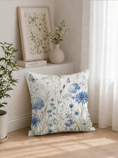 1pc Minimalist Daily Blue Plant Butterfly Hydrangea Cushion Cover, Single-Sided Printed Peach Skin Velvet Polyester Material, 45*45CM/18*18inch Pillowcase Suitable For Room Decoration, Modern Minimali