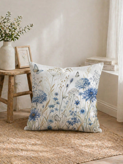 1pc Minimalist Daily Blue Plant Butterfly Hydrangea Cushion Cover, Single-Sided Printed Peach Skin Velvet Polyester Material, 45*45CM/18*18inch Pillowcase Suitable For Room Decoration, Modern Minimali