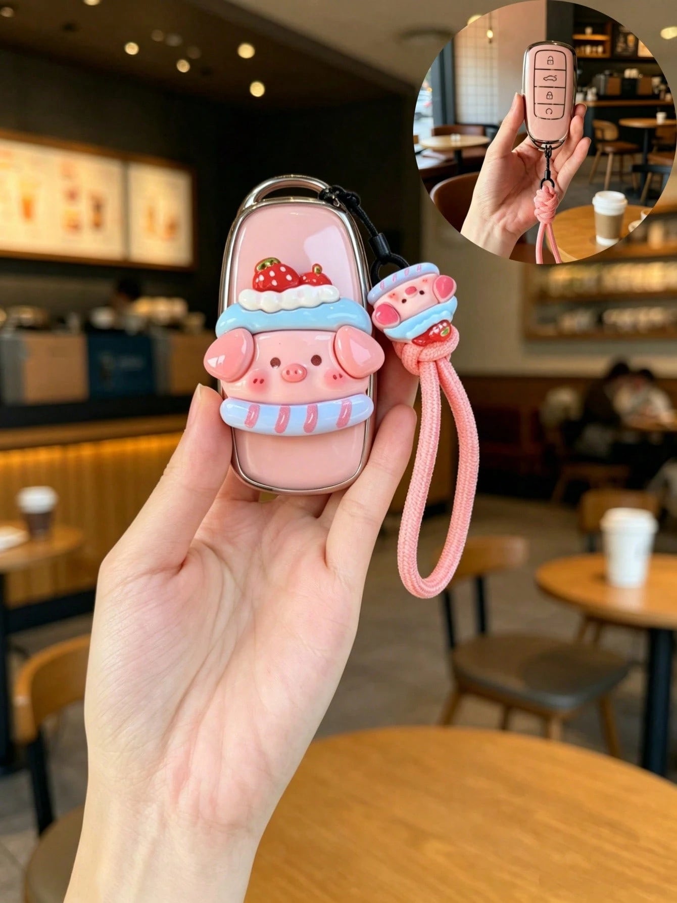 1PC New Cartoon Pig Patch Lanyard TPU Car Remote Key Cover- Key Case With Lanyard For Women, Compatible With Chery Tiggo 7 Pro Max, Tiggo 8 Pro Max, Omoda C5, Tiggo 5 PLUS, 7 PLUS And 8 PLUS