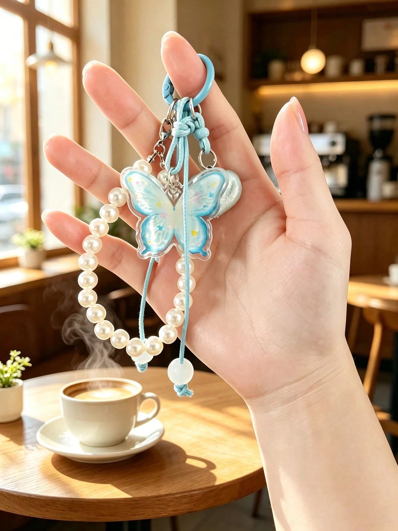 1pc New Iridescent Butterfly Pendant Pearl Bag Charm Keychain, Creative Pearl Butterfly Car Key Chain Pendant, Bag Earphone Case CCD Decoration Hanging Ornament, Holiday Simple Small Gift