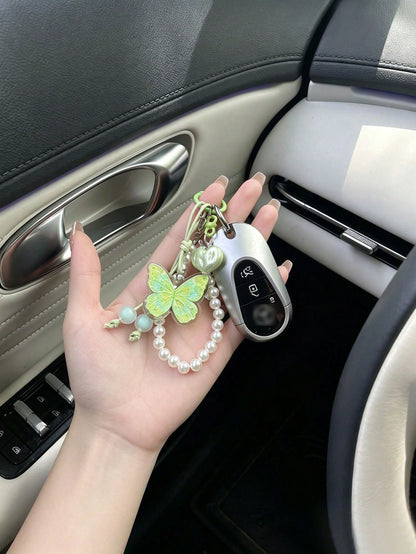 1pc New Iridescent Butterfly Pendant Pearl Bag Charm Keychain, Creative Pearl Butterfly Car Key Chain Pendant, Bag Earphone Case CCD Decoration Hanging Ornament, Holiday Simple Small Gift
