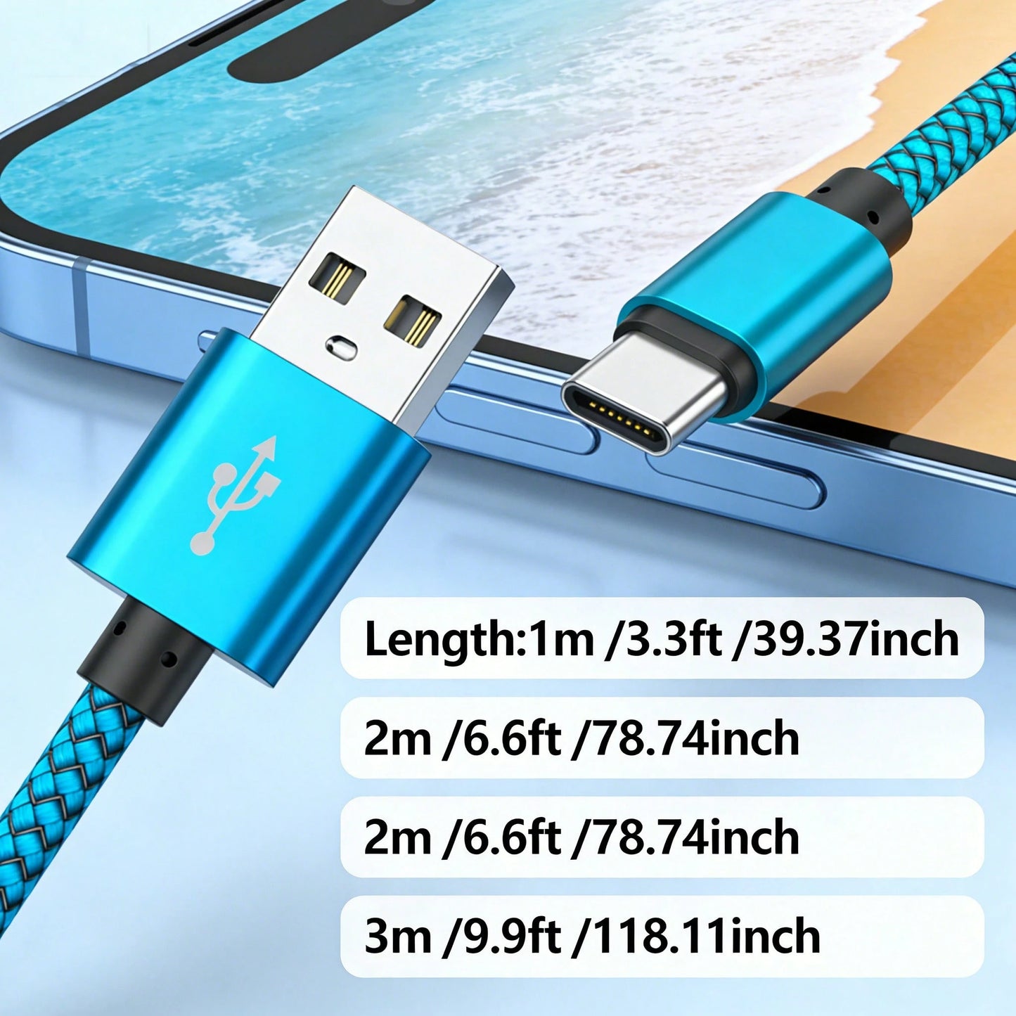 1Pc Nylon Braided USB To Type C Fast Charging Cable Tangle Free High Speed Data Sync Cord Compatible Android Phone Power Bank Car Holiday Daily Essential Accessories