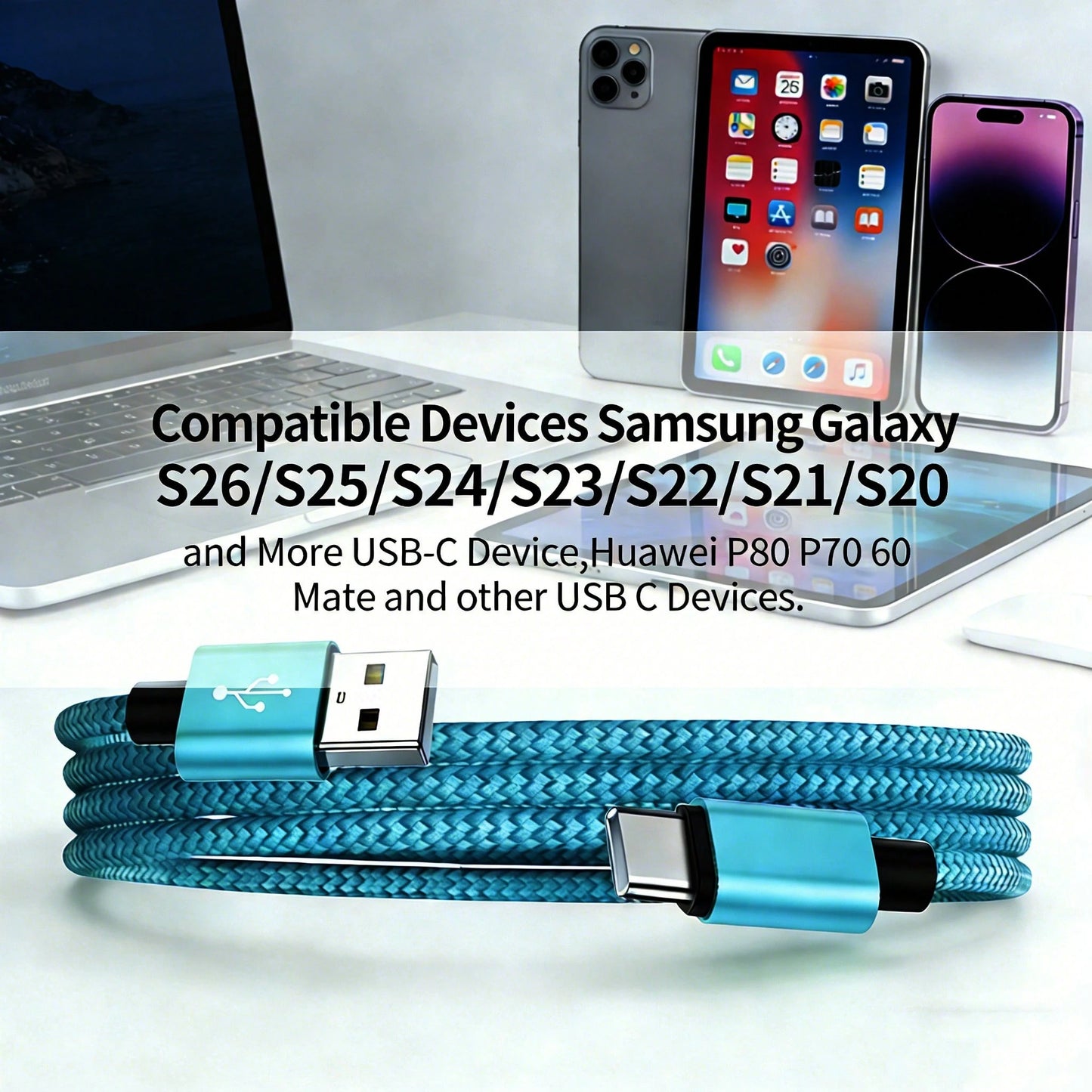1Pc Nylon Braided USB To Type C Fast Charging Cable Tangle Free High Speed Data Sync Cord Compatible Android Phone Power Bank Car Holiday Daily Essential Accessories
