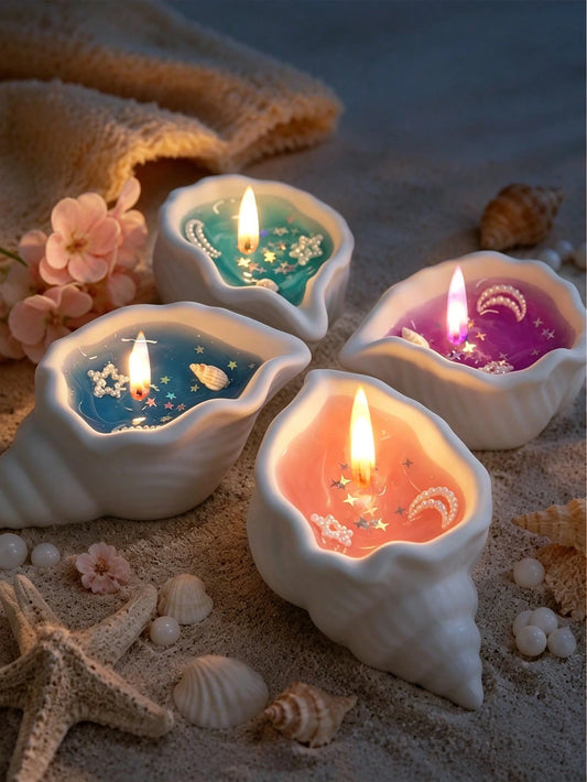 1pc Ocean Style Seashell Conch Jelly Aromatherapy Candle, Transparent Sea Blue Wax Body With Seashell, Starfish And Fine Sand Decor, Soft Candlelight And Fresh Coastal Atmosphere When Lit, Like Being