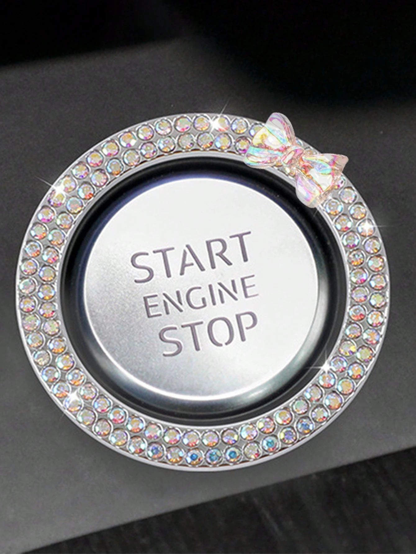 1pc One Click Start Decorative Ring Car Double Row Bow Crystal Ignition Ring Ignition Switch Button Decoration Car Interior Decoration