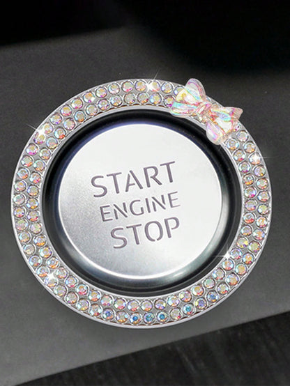 1pc One Click Start Decorative Ring Car Double Row Bow Crystal Ignition Ring Ignition Switch Button Decoration Car Interior Decoration