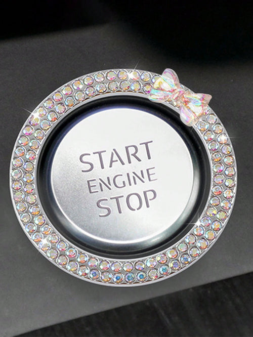 1pc One Click Start Decorative Ring Car Double Row Bow Crystal Ignition Ring Ignition Switch Button Decoration Car Interior Decoration
