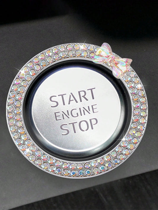 1pc One Click Start Decorative Ring Car Double Row Bow Crystal Ignition Ring Ignition Switch Button Decoration Car Interior Decoration