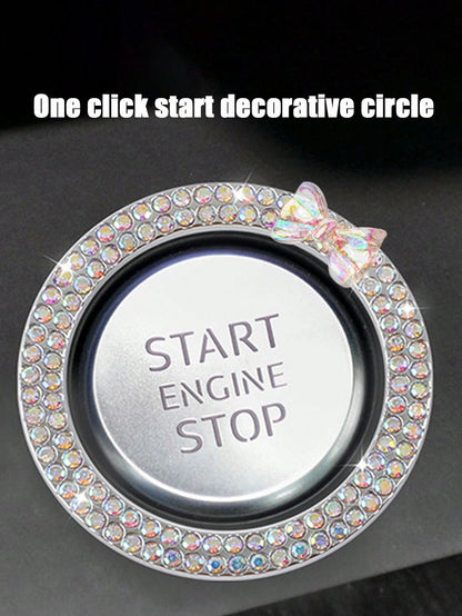 1pc One Click Start Decorative Ring Car Double Row Bow Crystal Ignition Ring Ignition Switch Button Decoration Car Interior Decoration