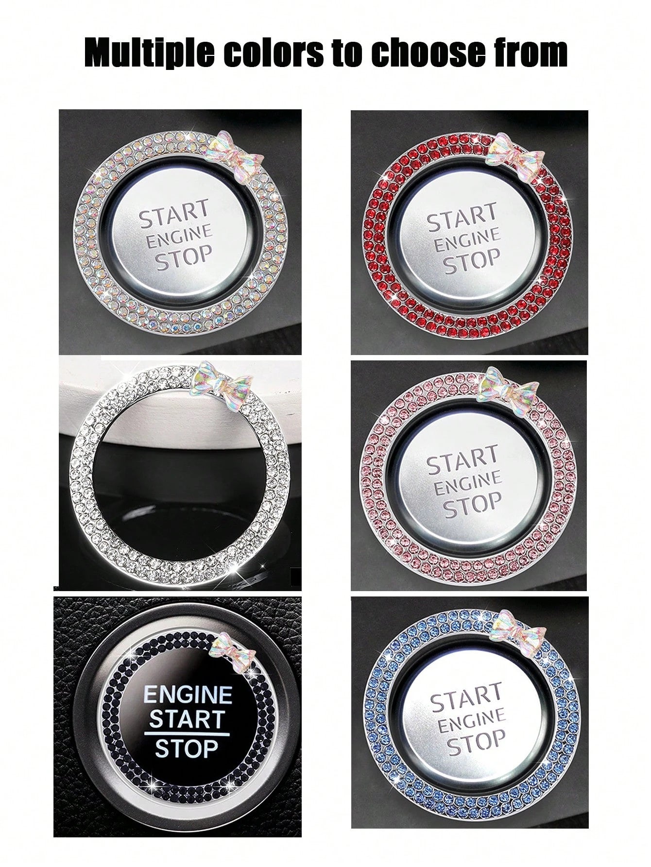 1pc One Click Start Decorative Ring Car Double Row Bow Crystal Ignition Ring Ignition Switch Button Decoration Car Interior Decoration
