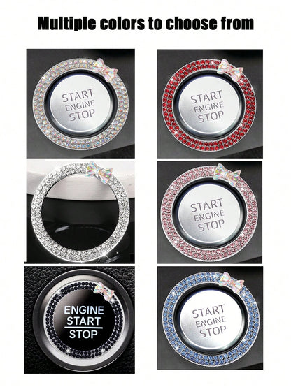 1pc One Click Start Decorative Ring Car Double Row Bow Crystal Ignition Ring Ignition Switch Button Decoration Car Interior Decoration