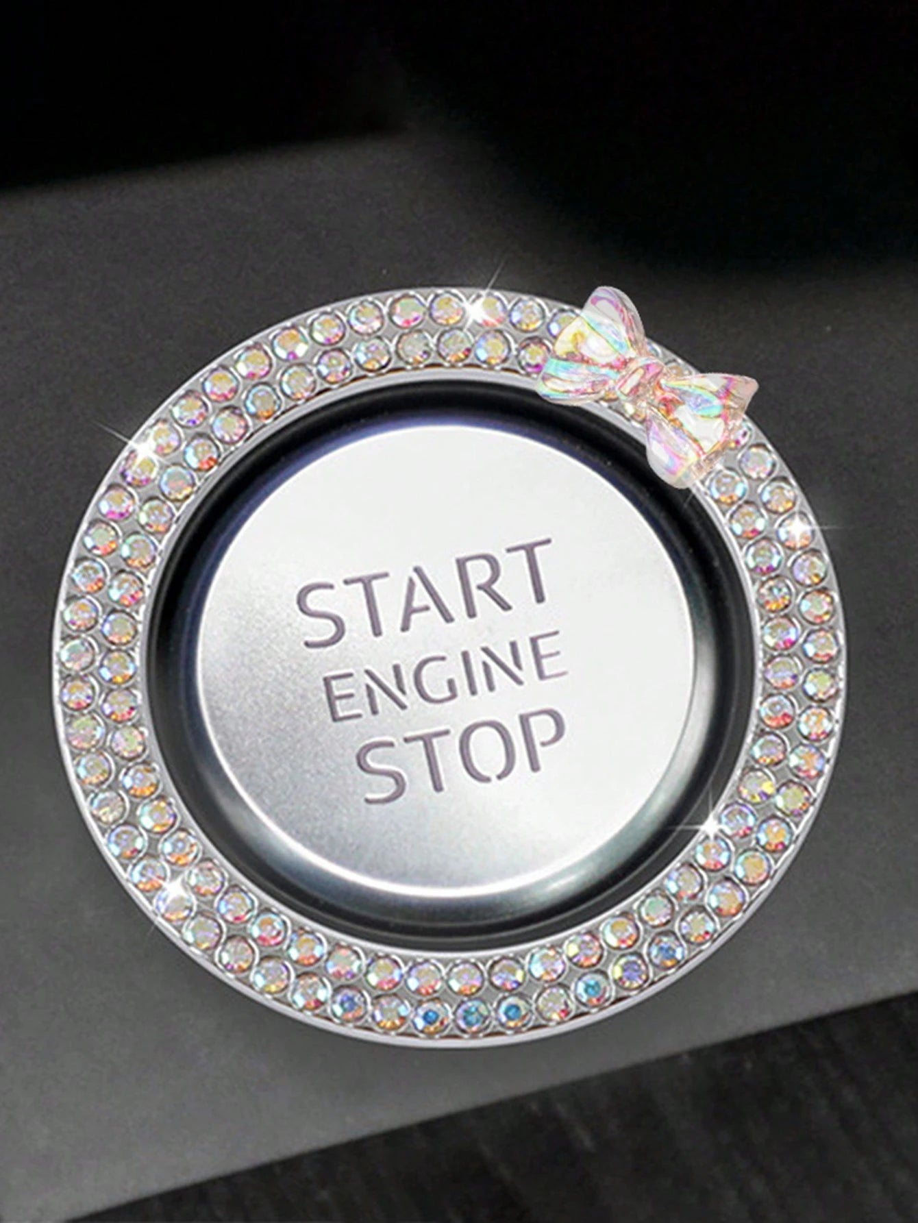 1pc One Click Start Decorative Ring Car Double Row Bow Crystal Ignition Ring Ignition Switch Button Decoration Car Interior Decoration