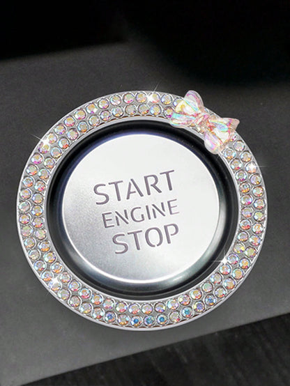 1pc One Click Start Decorative Ring Car Double Row Bow Crystal Ignition Ring Ignition Switch Button Decoration Car Interior Decoration
