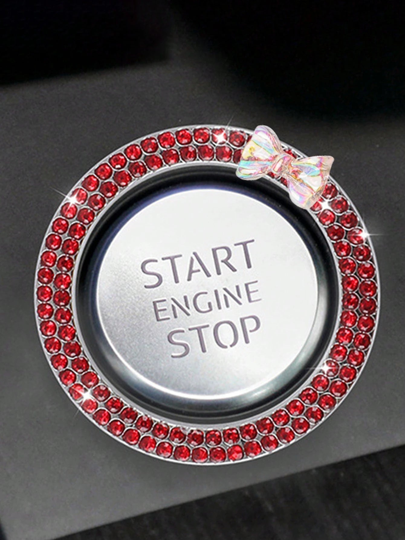 1pc One Click Start Decorative Ring Car Double Row Bow Crystal Ignition Ring Ignition Switch Button Decoration Car Interior Decoration