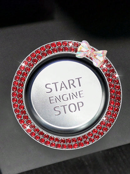 1pc One Click Start Decorative Ring Car Double Row Bow Crystal Ignition Ring Ignition Switch Button Decoration Car Interior Decoration